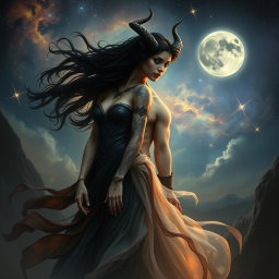 A fantastical depiction of Lilith and Antikritus as an ethereal couple in a dramatic, mystical landscape