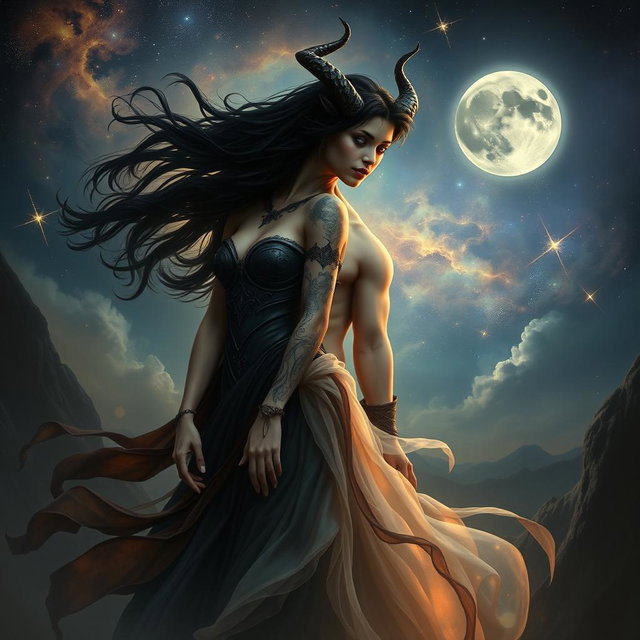A fantastical depiction of Lilith and Antikritus as an ethereal couple in a dramatic, mystical landscape