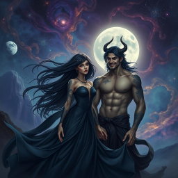 A fantastical depiction of Lilith and Antikritus as an ethereal couple in a dramatic, mystical landscape