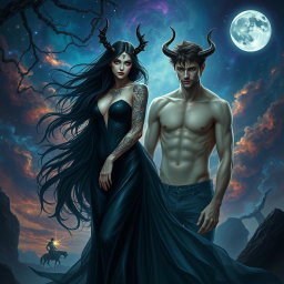 A fantastical depiction of Lilith and Antikritus as an ethereal couple in a dramatic, mystical landscape