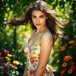 A stunningly beautiful woman with flowing dark hair, striking features, and captivating green eyes