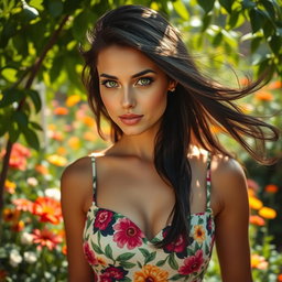 A stunningly beautiful woman with flowing dark hair, striking features, and captivating green eyes