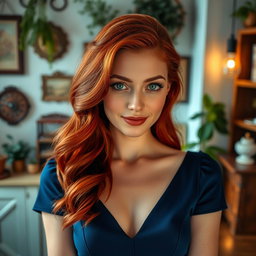 A beautiful woman with striking red hair cascading down her shoulders in soft waves