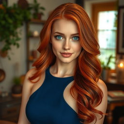 A beautiful woman with striking red hair cascading down her shoulders in soft waves
