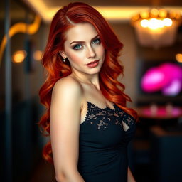 A stunning redhead woman exuding confidence and allure, dressed in elegant and sexy clothing
