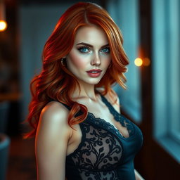 A stunning redhead woman exuding confidence and allure, dressed in elegant and sexy clothing