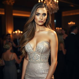 A stunning woman standing confidently, with long flowing hair, wearing an elegant evening gown that sparkles under the light