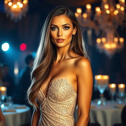 A stunning woman standing confidently, with long flowing hair, wearing an elegant evening gown that sparkles under the light