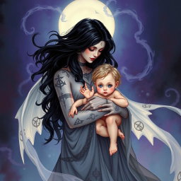 A powerful and striking illustration of Lilith, depicted with an ethereal aura, gently holding a young Antichrist figure