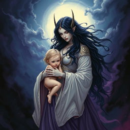A powerful and striking illustration of Lilith, depicted with an ethereal aura, gently holding a young Antichrist figure