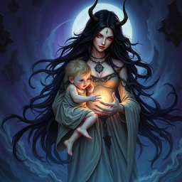 A powerful and striking illustration of Lilith, depicted with an ethereal aura, gently holding a young Antichrist figure