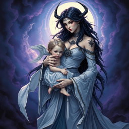 A powerful and striking illustration of Lilith, depicted with an ethereal aura, gently holding a young Antichrist figure
