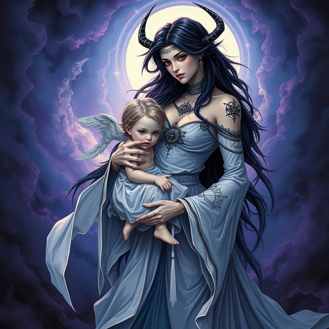 A powerful and striking illustration of Lilith, depicted with an ethereal aura, gently holding a young Antichrist figure
