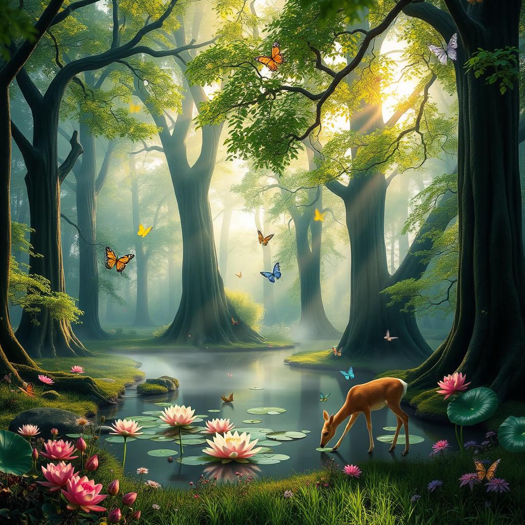 A captivating scene depicting a mystical forest shrouded in morning mist, where tall, ancient trees with vibrant green leaves stretch towards the sky