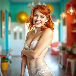 A charming redhead woman with a beautiful figure, playfully posing in a bright and cheerful setting