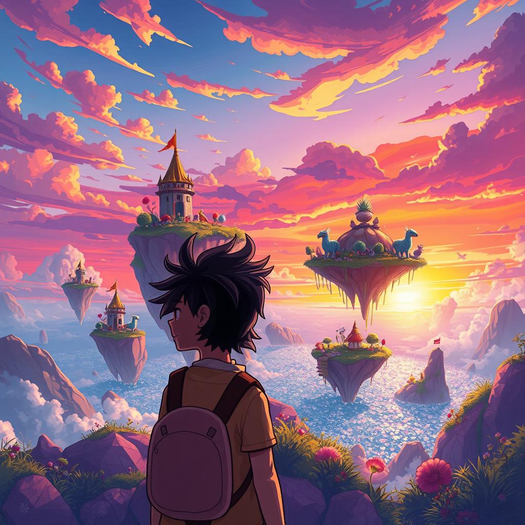 A visually striking and colorful digital illustration showing a dreamy landscape with floating islands and whimsical creatures