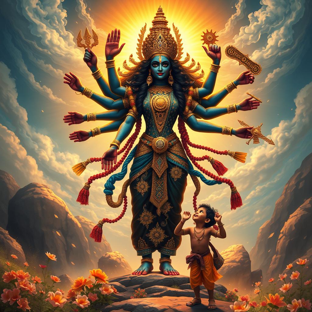 A powerful and vibrant depiction of Mahakali, the goddess of time, change, and destruction, standing triumphantly in a beautiful mystical landscape