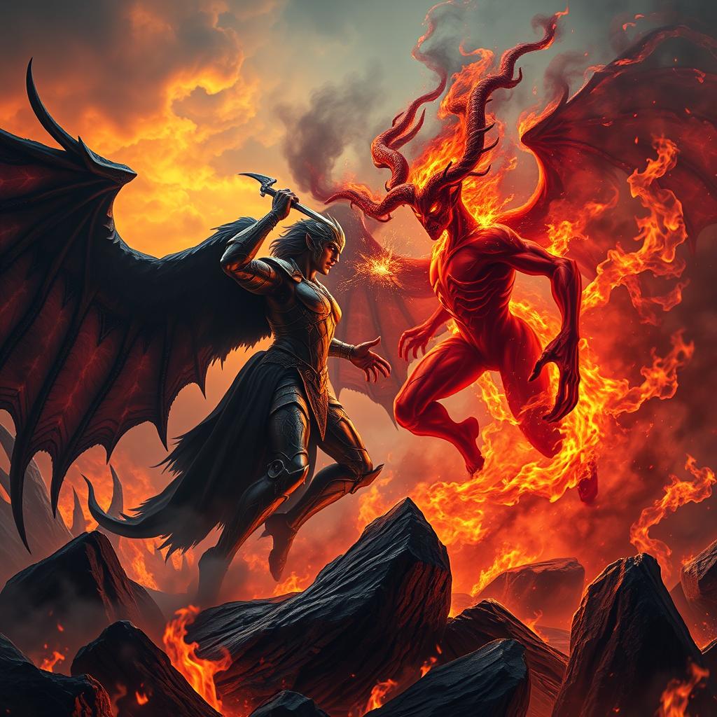 A dramatic and fantastical showdown between Lucifer and an Ifrit in an infernal landscape