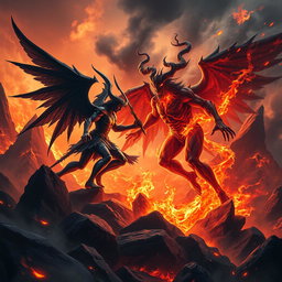 A dramatic and fantastical showdown between Lucifer and an Ifrit in an infernal landscape