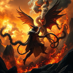 A dramatic and fantastical showdown between Lucifer and an Ifrit in an infernal landscape