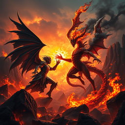 A dramatic and fantastical showdown between Lucifer and an Ifrit in an infernal landscape