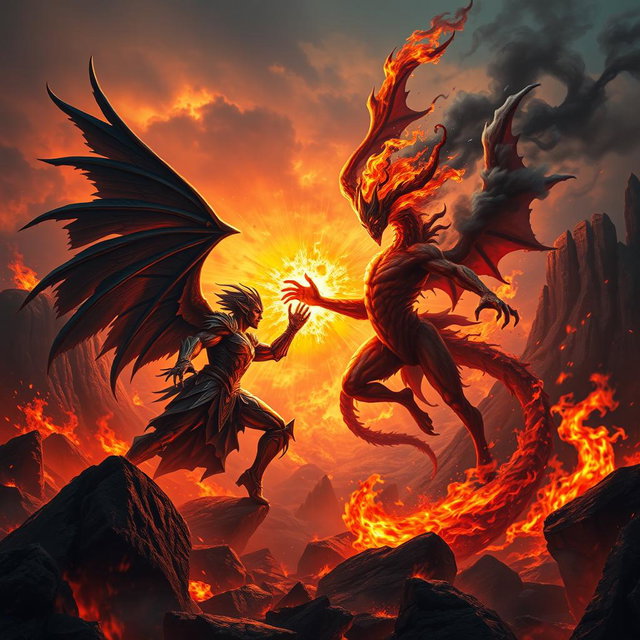 A dramatic and fantastical showdown between Lucifer and an Ifrit in an infernal landscape