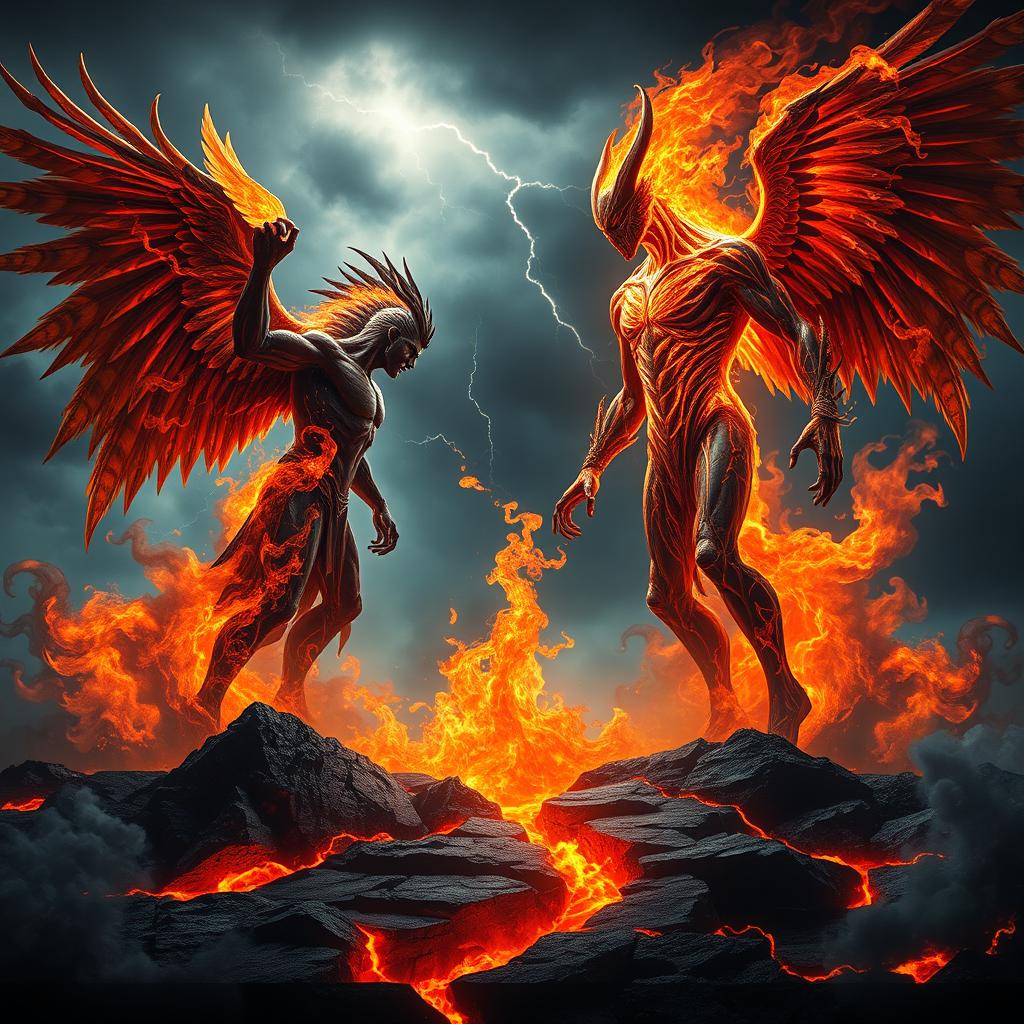 A dramatic showdown between Lucifer, depicted as a powerful, dark angel with striking features, majestic wings, and a fierce expression, standing on one side, and an Ifrit, portrayed as a towering, menacing being made of flames and smoke, full of intricate details in its fiery body, on the other