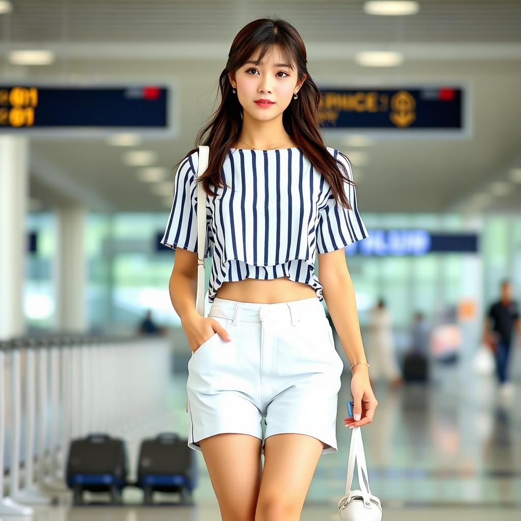 A beautiful Korean woman wearing a striped cropped blouse and white shorts, complemented with white wedges