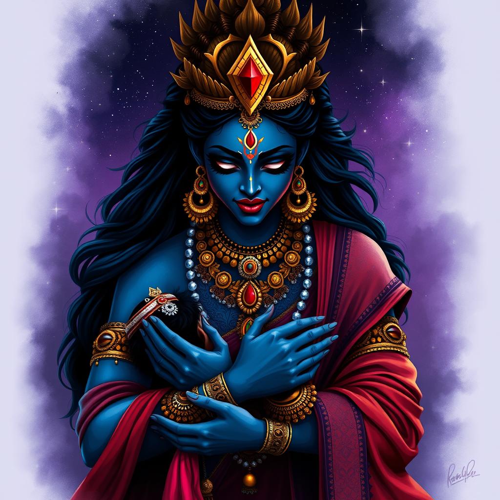 A powerful and mythical depiction of Goddess Mahakali, with dark blue skin and adorned in traditional Indian jewelry, gently nursing a small baby