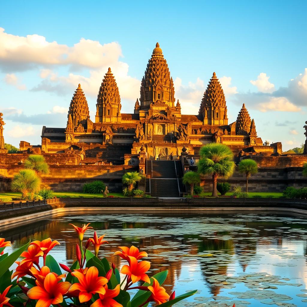 A stunning view of Candi Prambanan, the largest Hindu temple complex in Indonesia, showcasing its majestic tall spires, intricate stone carvings, and lush green surroundings
