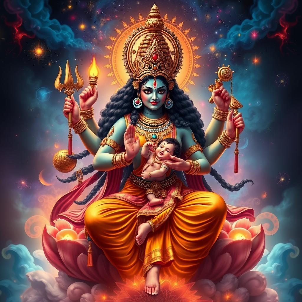 A powerful and divine depiction of the goddess Mahakali breastfeeding a small baby, showcasing her majestic form and traditional attire