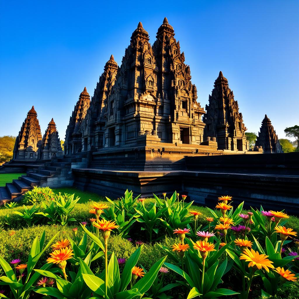 A breathtaking view of Candi Prambanan, the iconic Hindu temple complex in Indonesia, showcasing its towering spires and intricate stone carvings