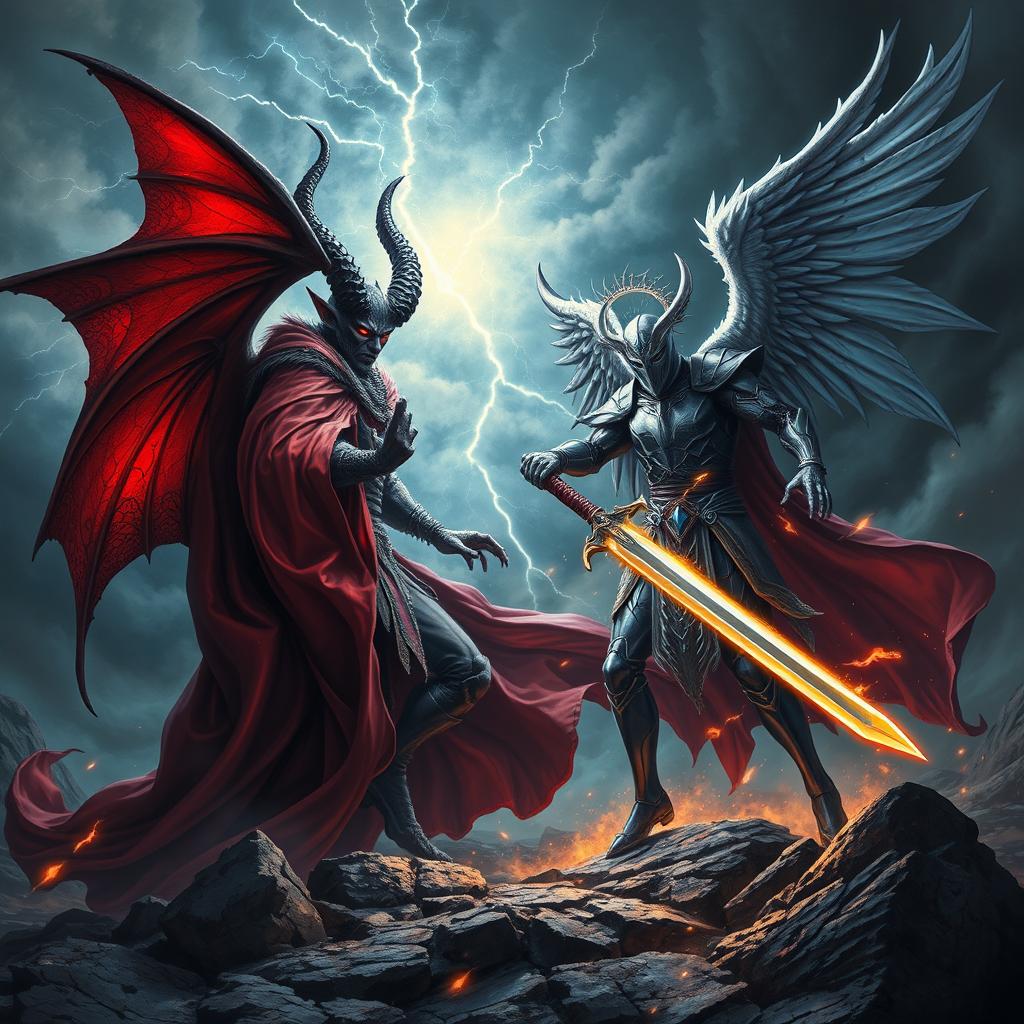 An epic battle scene between Satan and Azazel, depicted in a dark, dramatic setting