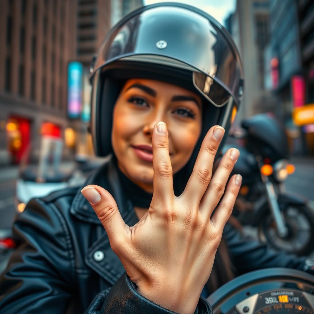 A close-up shot of a female motorcyclist with a confident expression, wearing a sleek black leather jacket and a helmet with a visor flipped up