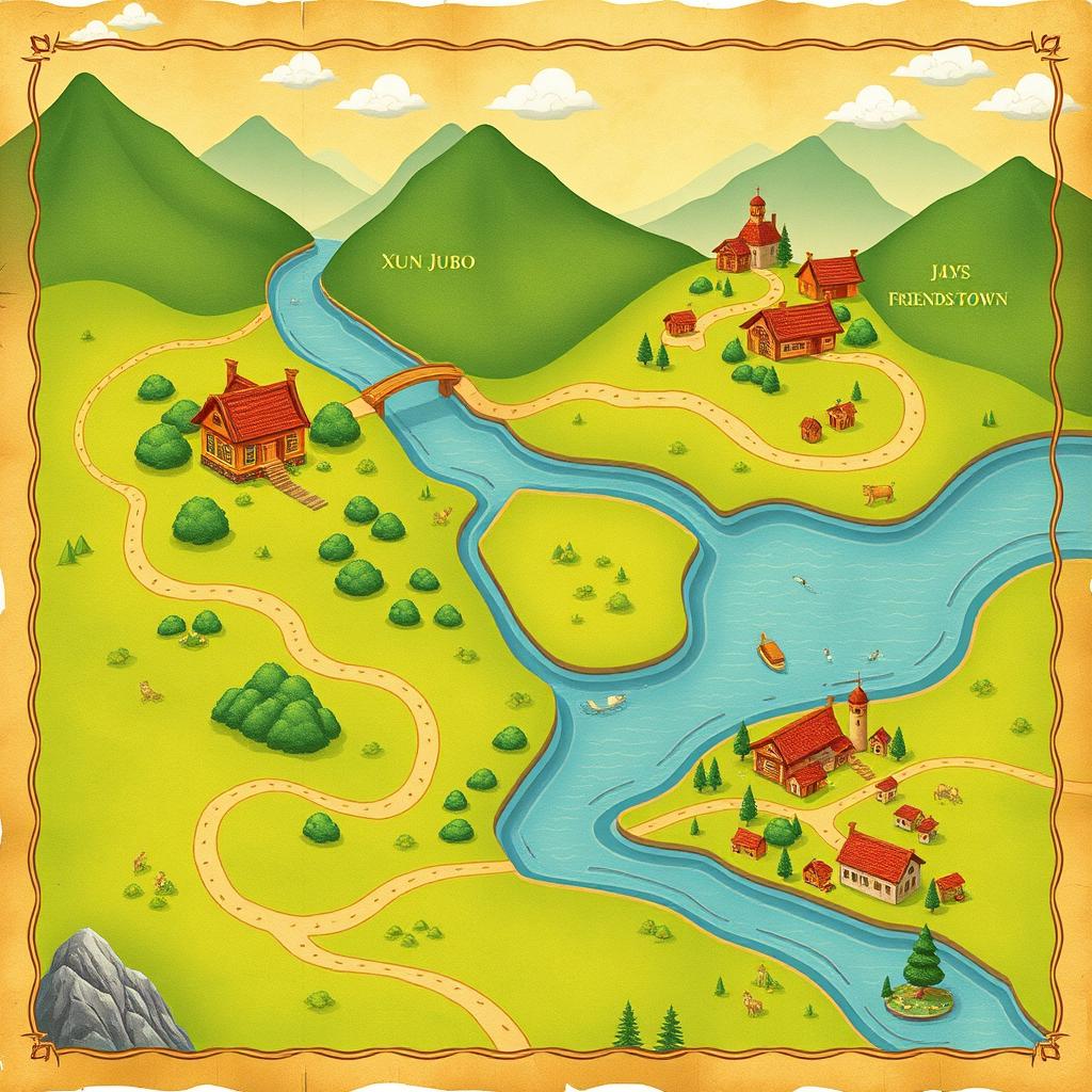 A stylized map-like background illustrating a journey from Xun Jubo's home to his friend's town