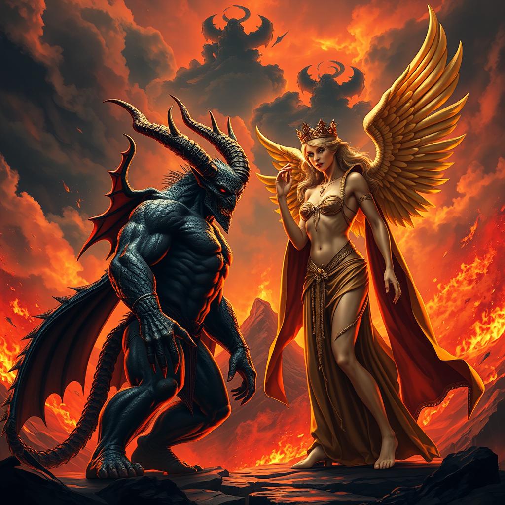 A dramatic showdown between Satan and Lucifer, depicted as powerful, mythological figures standing in front of a fiery landscape