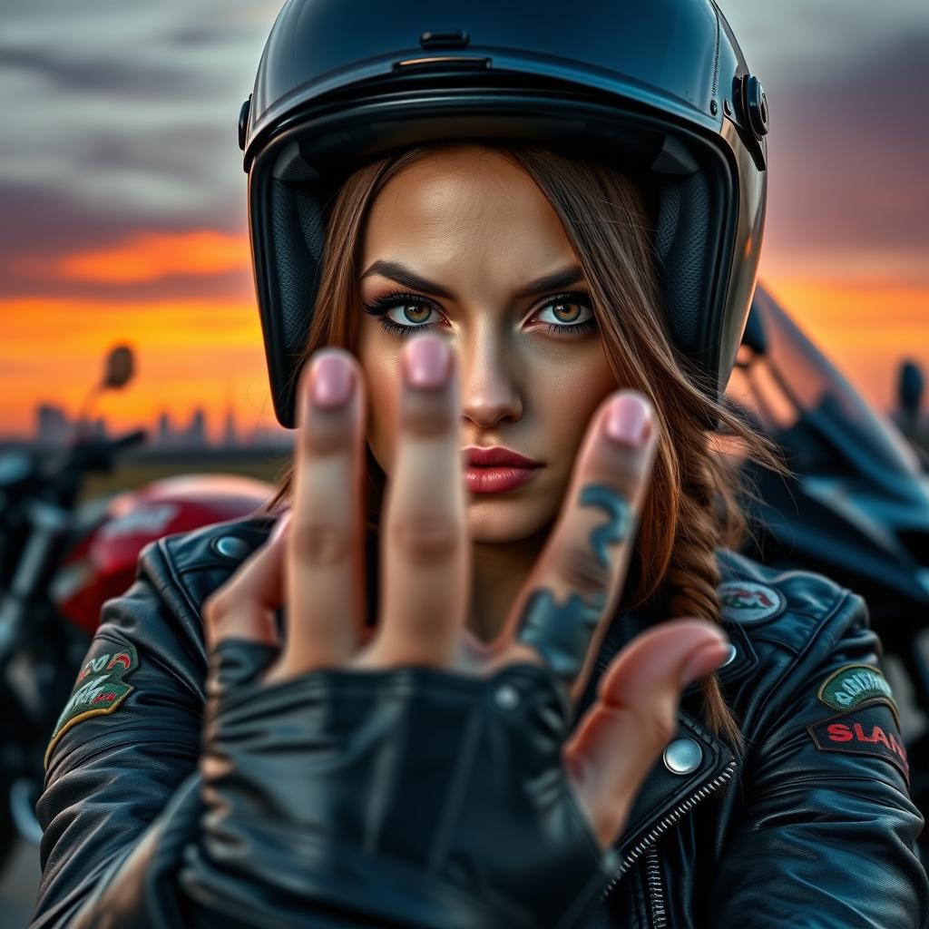 A striking portrait of a female motorcyclist with a focused expression, wearing a stylish black leather jacket adorned with patches, along with a protective helmet that reflects the city skyline
