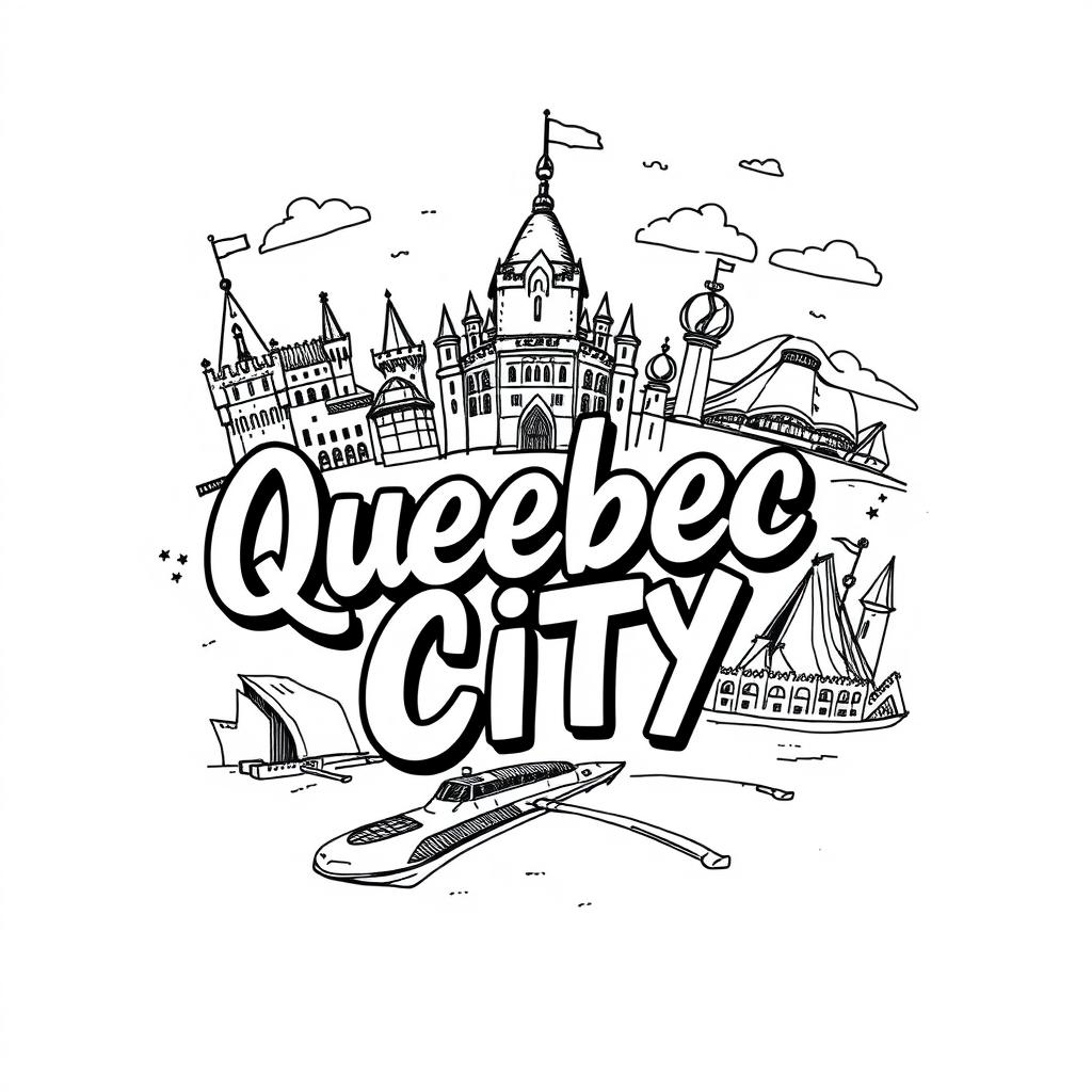 A black-and-white sketch of a creative t-shirt design showcasing the attractions of Quebec City, featuring distinctive elements that capture the city's essence
