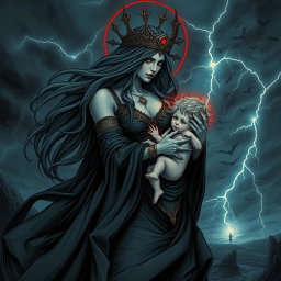 A striking and detailed illustration of Lilith, depicted as a powerful and majestic figure, cradling the Antichrist in her arms