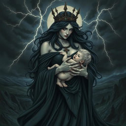 A striking and detailed illustration of Lilith, depicted as a powerful and majestic figure, cradling the Antichrist in her arms