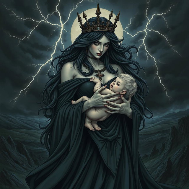 A striking and detailed illustration of Lilith, depicted as a powerful and majestic figure, cradling the Antichrist in her arms