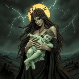 A striking and detailed illustration of Lilith, depicted as a powerful and majestic figure, cradling the Antichrist in her arms
