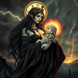 A striking and detailed illustration of Lilith, depicted as a powerful and majestic figure, cradling the Antichrist in her arms