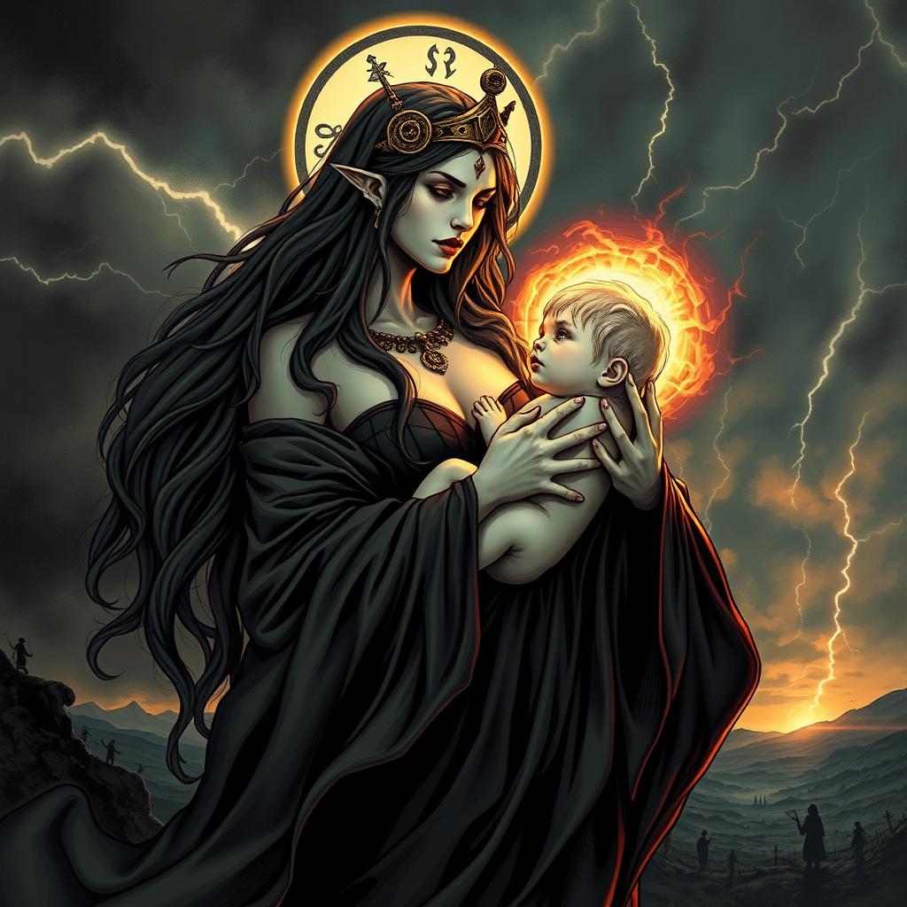 A striking and detailed illustration of Lilith, depicted as a powerful and majestic figure, cradling the Antichrist in her arms