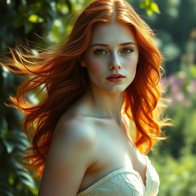 A captivating artistic representation of a redhead woman in a serene and natural setting