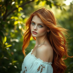A captivating artistic representation of a redhead woman in a serene and natural setting