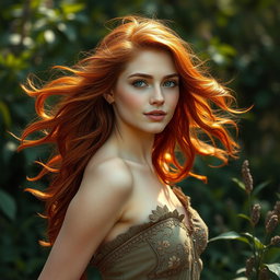 A captivating artistic representation of a redhead woman in a serene and natural setting