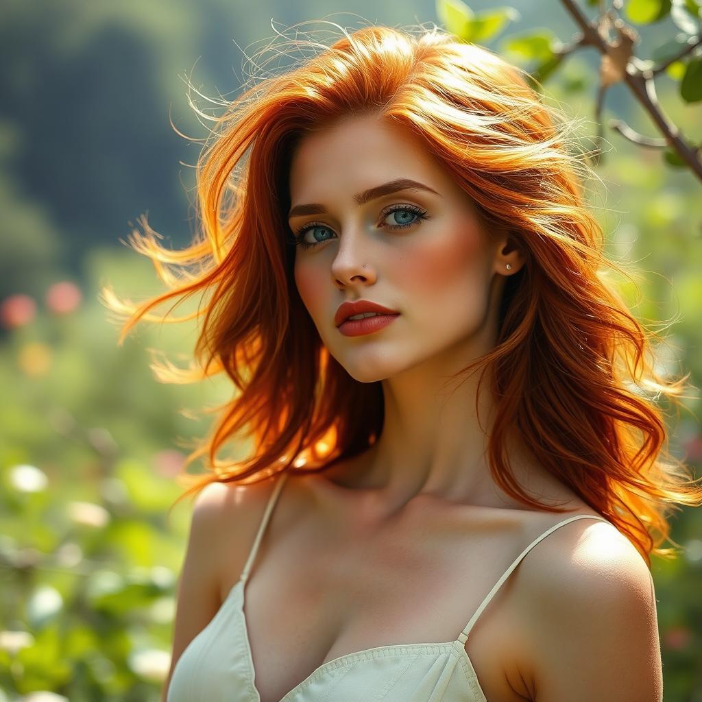 A captivating artistic representation of a redhead woman in a serene and natural setting