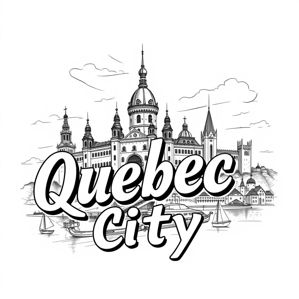 A black-and-white sketch t-shirt design showcasing the attractions of Quebec City, featuring iconic landmarks like the Château Frontenac, the Old Port, and the Plains of Abraham