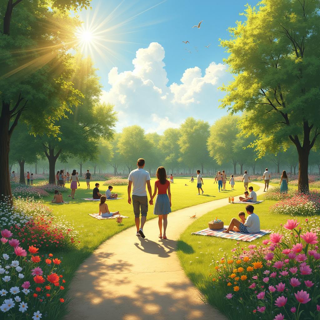 A picturesque scene of a radiant Saturday morning, golden sunshine pouring down over a vibrant park filled with blooming flowers in various colors